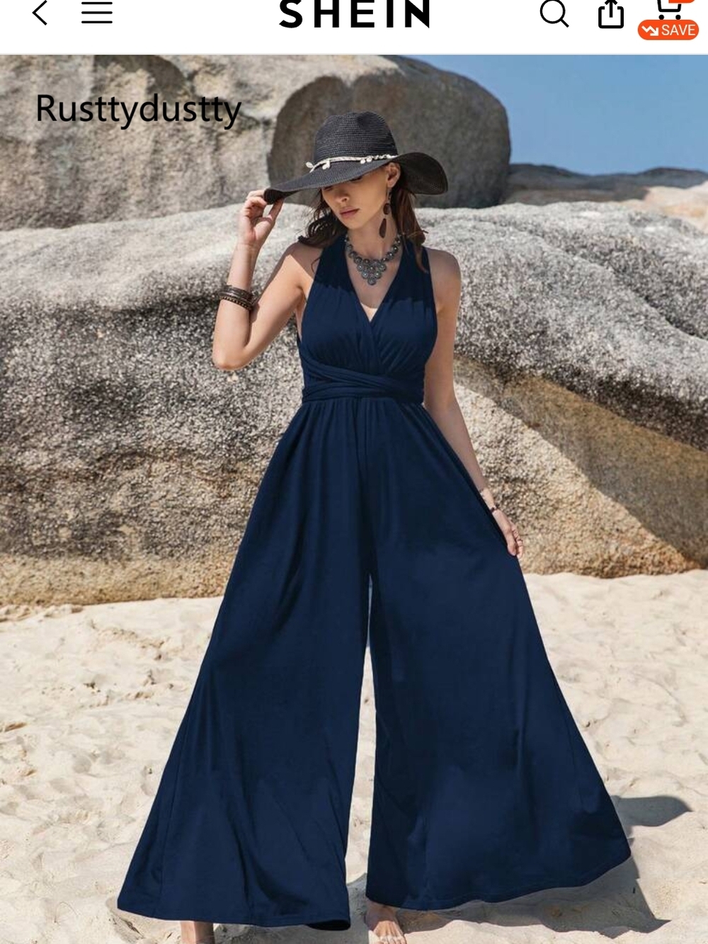 SHEIN Navy Halter Wide-Leg Jumpsuit with Wrap Waist